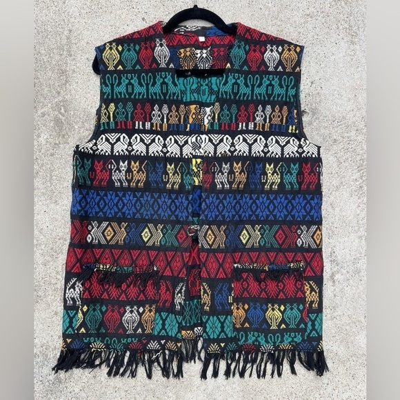 La Original | Vintage 100% Cotton Guatemala Fringe Woven Folklore Cat Vest L - Picture 10 of 17